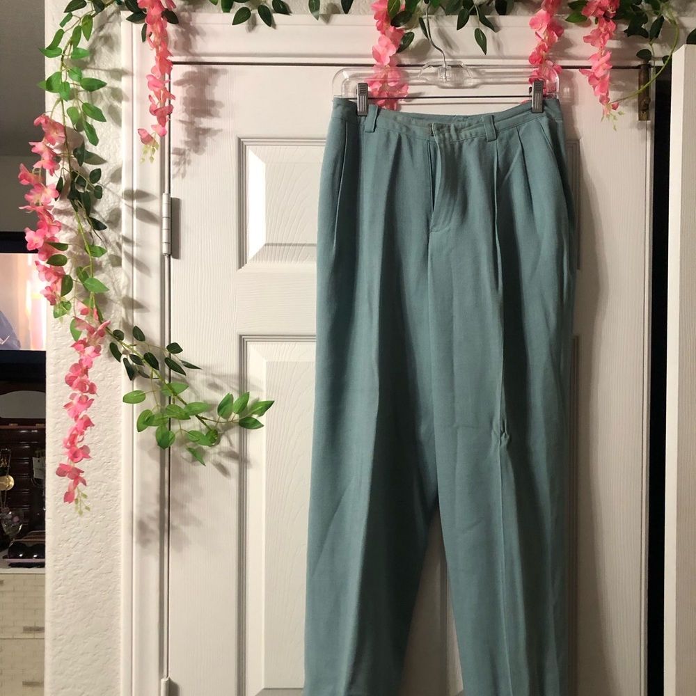 Cream & turquoise pinstripe blazer and turquoise dress pants